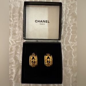 Vintage CHANEL Gold Logo Hoop clip on Earrings